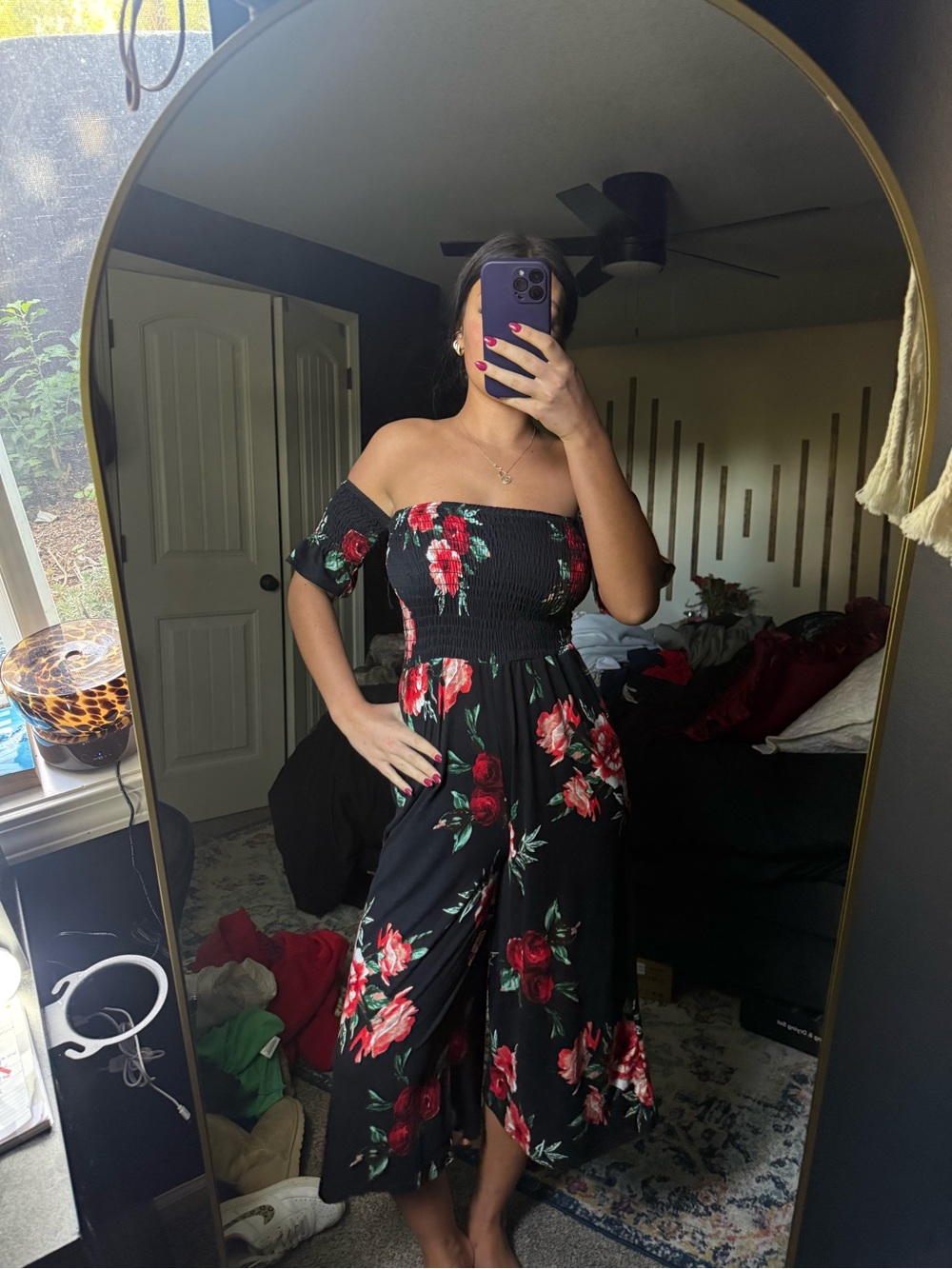 Vine & Love Floral Off-Shoulder Jumpsuit in Black & Red Like New - Picture 4 of 6